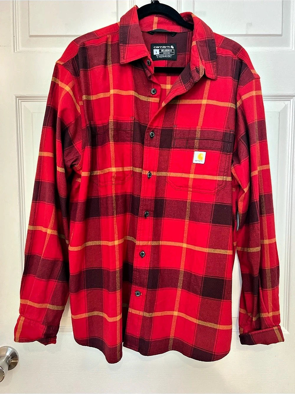 Carhartt Relaxed Fit Plaid Flannel Long-Sleeve Shirt Red & Brown L